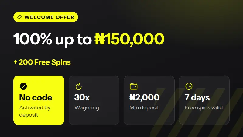 Parimatch welcome offer at a glance: 100% up to ₦150,000 plus 200 free spins